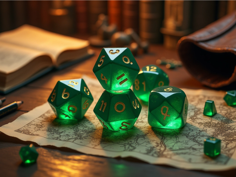 RPG Dice
Polyhedral
Translucent Green
Role-playing Game
Wooden Table
Map
Gaming Accessories
Miniatures
Warm Lighting
Dice Bag